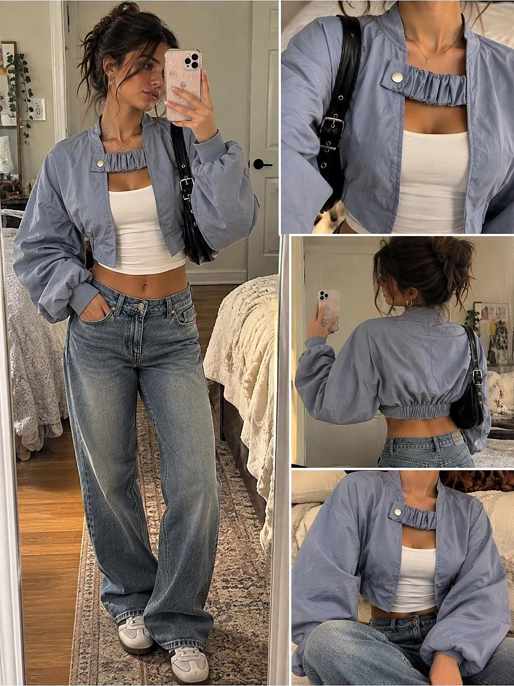 Dazy Cropped Bomber Jacket in Blue Size Small